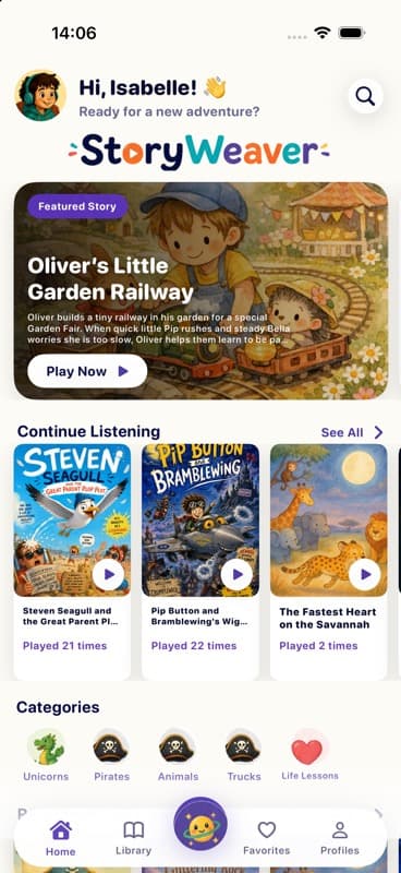 Production StoryWeaver iOS home screen with featured story and family listening rails